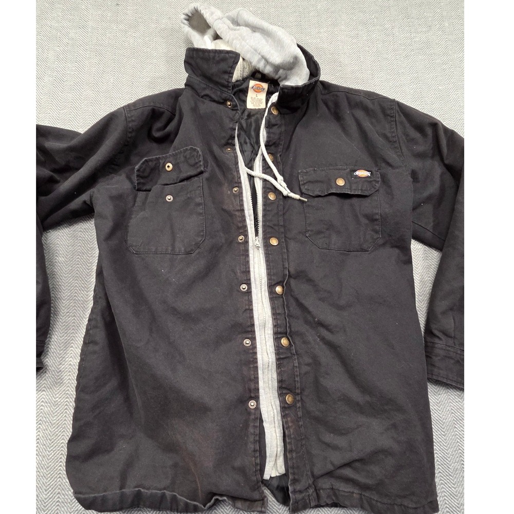 Dickies Mens Hooded Shirtโ Jacket Black Canvas Quilted Lined Work Coat Large